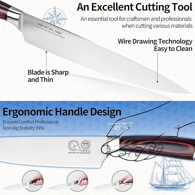 XYJ Professional Knife Set With Block, Scissors, Kitchen Knife Block Set, Stainless Steel Japanese Paring Boning Slicing Bread Chef Knives Set, Wood Handle