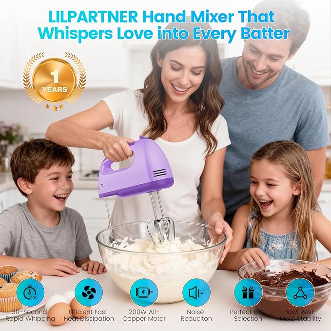 LILPARTNER Hand Mixer Electric, Small Food Mixer 7 Speeds Handheld Blender,304 *(1* Whisk, 2* Beater, 2*Dough Hook) Kitchen Blender for Cream, Cookies, Dishwasher Safe, Purple