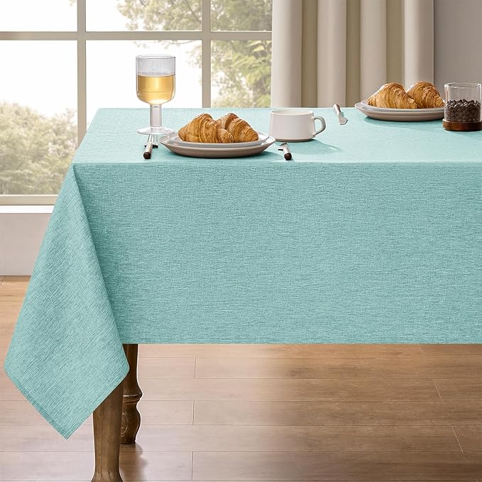 Waterproof Wipeable Table Cloth Rectangle Table for Wedding,Faux Linen Rustic Reusable Rectangular Table Cloth Cover for Dining, Party & Camping(Oblong,60 x 104 Inch (8-10 Seats), Aqua)