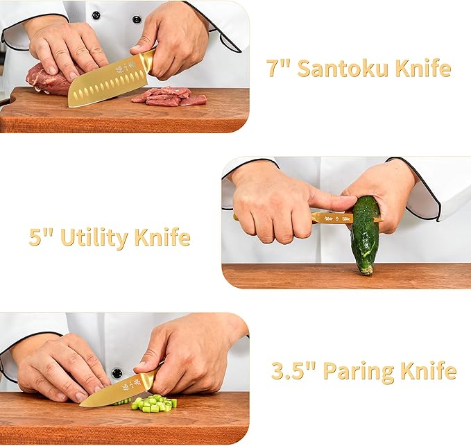 ZHANG XIAO QUAN Gold Knife Set with White Block, High Carbon Stainless Steel Knife Set, Razor-Sharp and Durable, Hundreds of Years of Masterful(15Pcs)