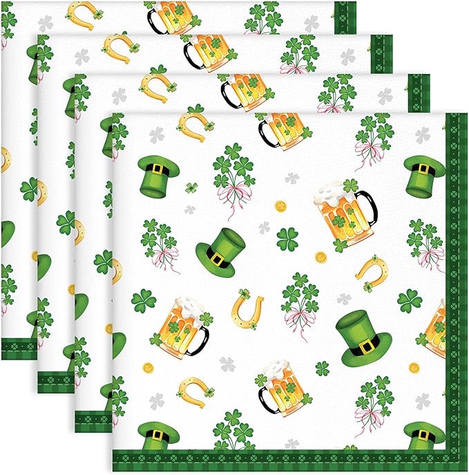 St. Patrick's Day Shamrock Napkins, 18×18 Inch Green Dinner Cloth Napkins Set of 4, Washable Cotton Soft Absorbent Square Napkins for Dining Kitchen Party Wedding Decoration