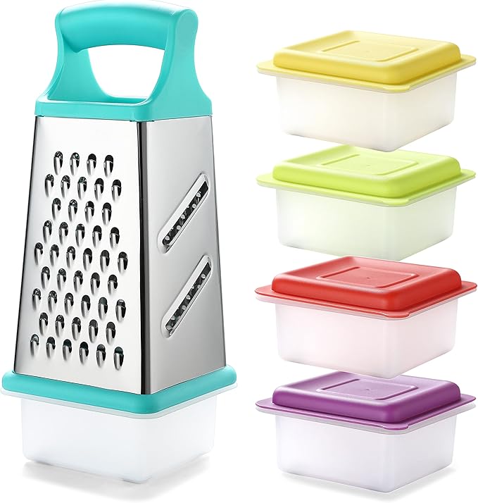Marco Almond® KYA57B Box Grater,Stainless Steel Grater with 4 Sides,Slicer 5 Piece Set, Potato,Cheese,Cucumber,Salad Vegetables Graters Peelers, Turquoise