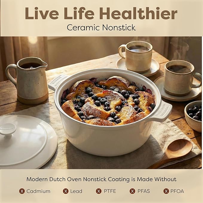 Gotham Steel 5 Qt Dutch Oven Pot with Lid, Nonstick Ceramic Dutch Oven Stock Pot, 10 in 1 Cooking Pot & Dutch Oven for Bread Baking, Lightweight Oven & Dishwasher Safe – Cream