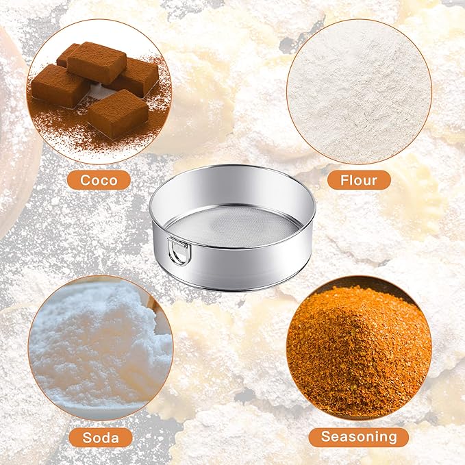 Supkiir Stainless Steel Flour Sifter, 6-Inch, 8-Inch Sieve Fine Mesh Strainer Round Sifting Pan for Baking Straining Powdering Bread Dough Cake Fondant Icing