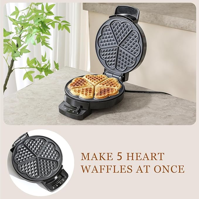 Heart Waffle Maker, Heart Shaped Waffle Iron 5 Slices, Mini Waffle Makers with 8'' Non-stick Plates, Adjustable 5 Browning Control, Cool Touch Handle, Easy to Clean, Valentine's Day Gift, 1000W