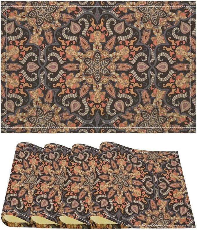 Mandala Placemats Set of 4 Vintage Bohemia Brown Flower Art Printed Dining Table Mats for Restaurant Home Kitchen Holiday Picnic Party Decor 12x18in