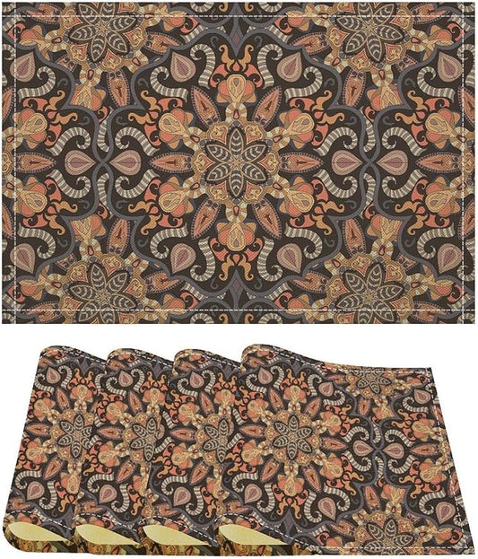 Mandala Placemats Set of 4 Vintage Bohemia Brown Flower Art Printed Dining Table Mats for Restaurant Home Kitchen Holiday Picnic Party Decor 12x18in