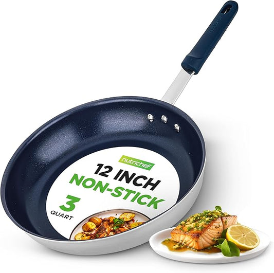 NutriChef f 12" Large Fry Pan - Large Skillet Nonstick Frying Pan with Silicone Handle, Ceramic Coating, Blue Silicone Handle, Stain-Resistant, And Easy To Clean, Professional Home Cookware