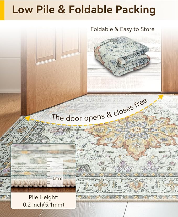 Area Rugs 2'x3' Washable Non-Slip, Floral Vintage Distress Print Pattern Medallion Carpet for Living Room Bedroom Dining Room, Light Yellow Carbon Grey Orange