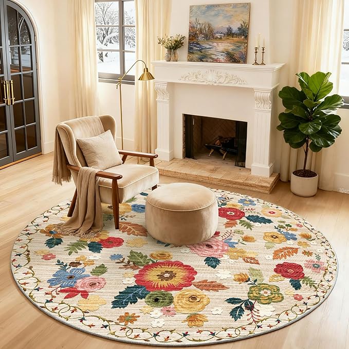 4x4 Round Bedroom Rug Washable: Round AreaRug Stain Resistant Floral Rug Non Slip Low Pile Small Carpet for Bedroom Kitchen Entryway Living Room Bedside Office Dorm Kids Room Entrance