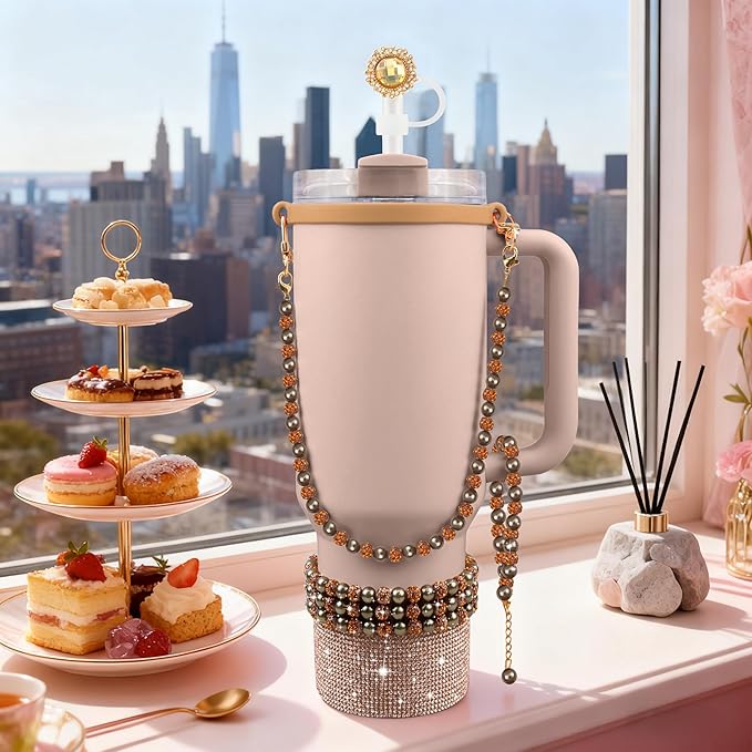 9PCS Brown of Stanley Cup Accessories Set 30/40 OZ Bling Pearl Rhinestones Charms for Stanley Decorations Tumbler Accessories Including Flower Straw Topper, Rhinestones Boot 30/40 OZ