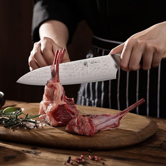 Wakoli Oribu Kiritsuke Chef's Knife I 20 cm blade made of 67 layers of Damascus steel, olive wood handle