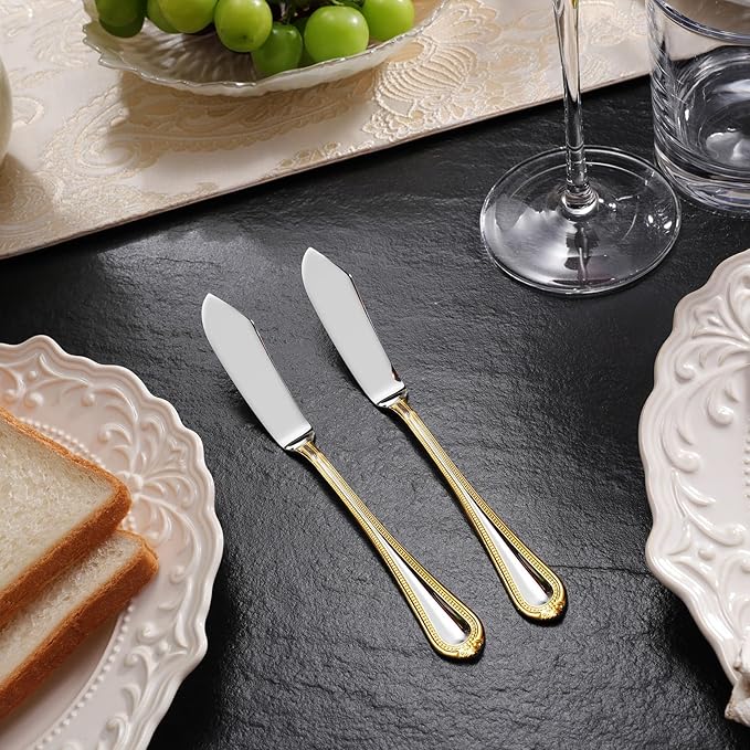 KEAWELL Premium Pearl Edge Butter Knives, 4-Piece Set, 18/10 Stainless Steel, 6.9 Inches, Dishwasher Safe. (Gold Accent)