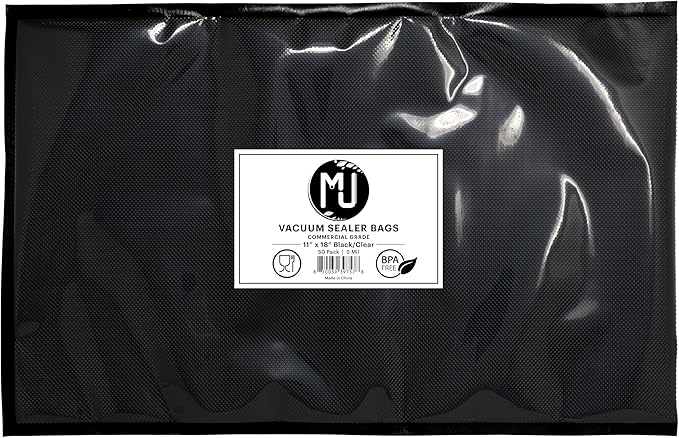 MJ Commercial-Grade Vacuum Sealer Bags for Food Storage, Sous Vide | 50 Pack (11" x 18" 5 Mil, Black and Clear)