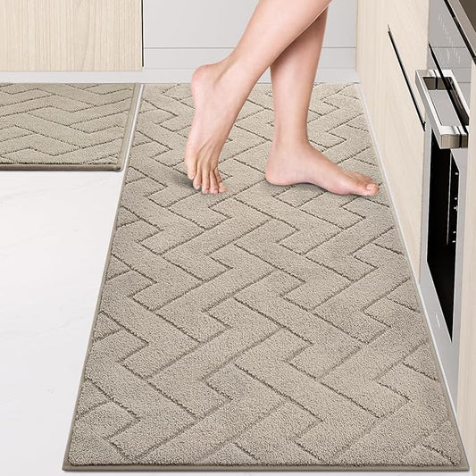 Machine Washable Kitchen Rugs Set (24" x 36"+24" x 60"), Non-Slip Kitchen Runner Rugs Mats for Floor, Absorbent Comfort Standing Mats for Kitchen, Sink and Hallway, Rolled Packaging, Taupe