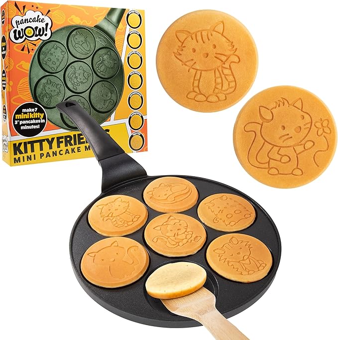 Kitty Friends Mini Pancake Pan - Make 7 Unique Flapjack Cat Designs, Nonstick Pan Cake Maker Griddle w Long Handle for Breakfast Animal Kitten Fun- Easy Cleanup, Fun Kids Gift or Party Dessert Treat