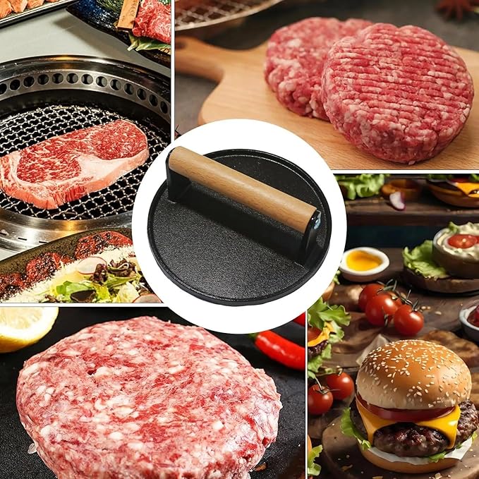 Cast Iron Grill Press with Ribbed Base, 2LB 7 Inch Round Smash Burger Press with Wood Handle, Heavy Duty Bacon Press & Meat Weight for Perfect Searing, Nonstick Kitchen Tool for Stovetop, Griddle, BBQ