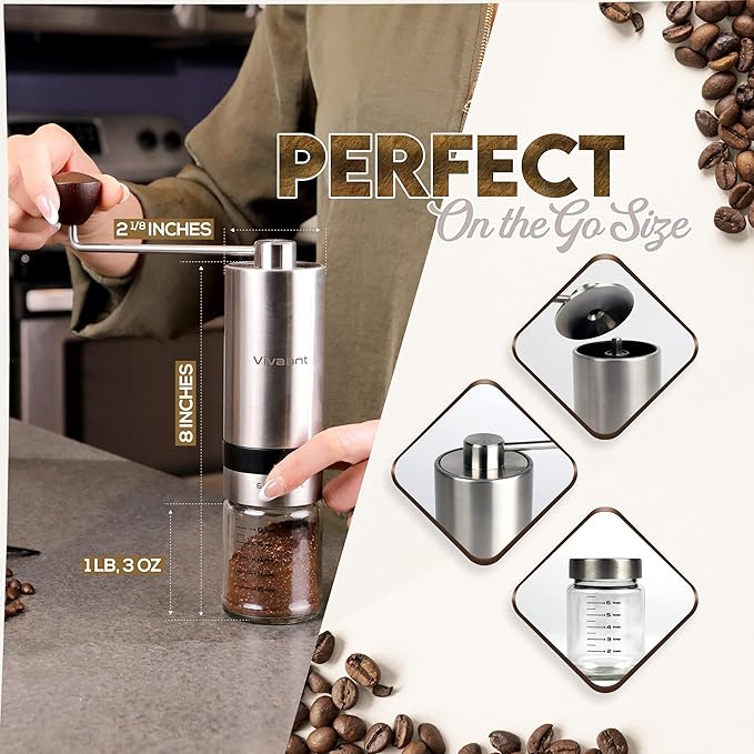 Vivaant Coffee Grinder Manual Capacity 32g - Stainless Steel Conical Burr Coffee Grinder Hand, Manual Coffee Grinder Espresso with Adjustable Settings, Portable Coffee Bean Grinder for French Press