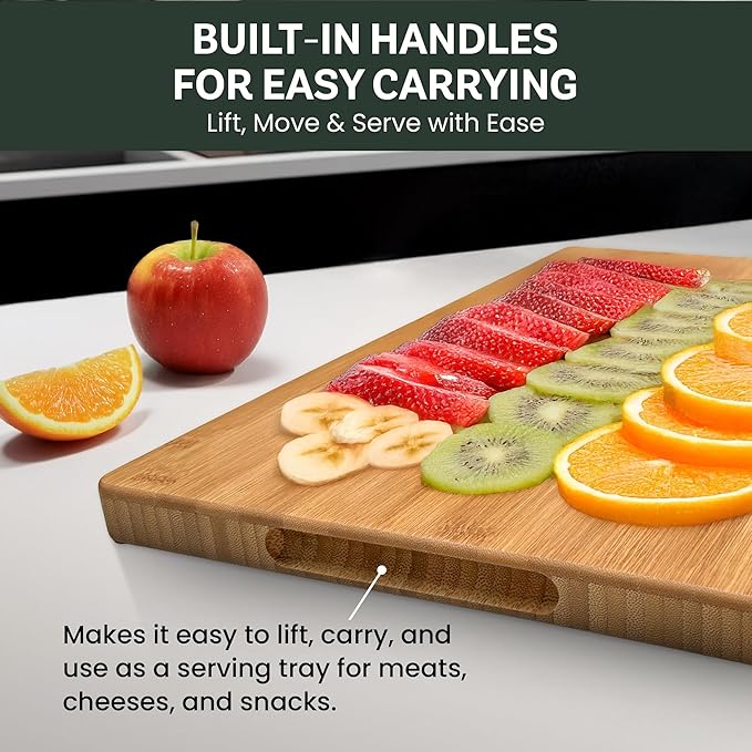 Bamboo Cutting Board for Kitchen - 16" Wooden Cutting Board with Side Handles, Deep Juice Groove, Heavy Duty Chopping Board & Serving Tray, Large Reversible Charcuterie & Cheese Board for Meat Serving