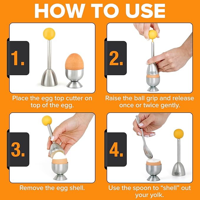 Eparé Egg Topper Cutter Set – Stainless Steel Egg Cracker Tool & Egg Shell Opener – Egg Cups for Soft Boiled Eggs – Boiled Egg Holder – Egg Spoons and Egg Opener Tool for Breakfast
