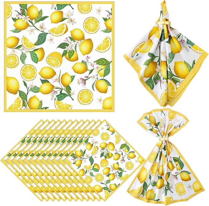 12 Pcs Lemon Cloth Napkins Lemon 20"x20" Washable Dinner Tea Party Napkins for Kitchen Party Wedding Restaurant Indoor Outdoor Botanical Fresh Spring Summer