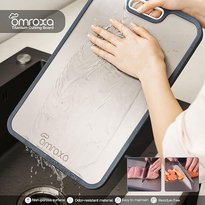 Titanium Cutting Board, Double-Sided Kitchen Chopping Board with Juice Groove, Food-Grade Titanium Surface & Wheat-Straw PP, Non-Slip, Dishwasher Safe, Kitchen Gift Idea, 15.1×10.4 in
