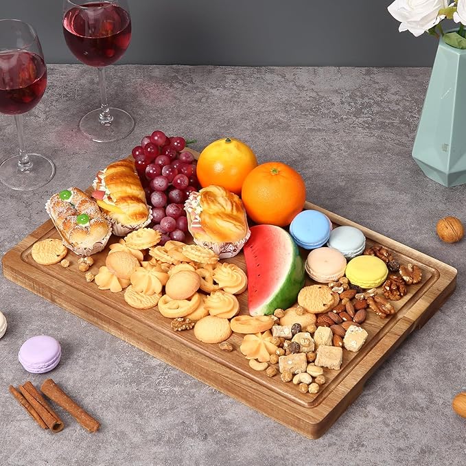 Acacia Wood Cutting Board with Handles & Juice Groove - Large Thick Butcher Block for Meat, Turkey, BBQ, Serving and Kitchen Countertop 18"*12 Inche