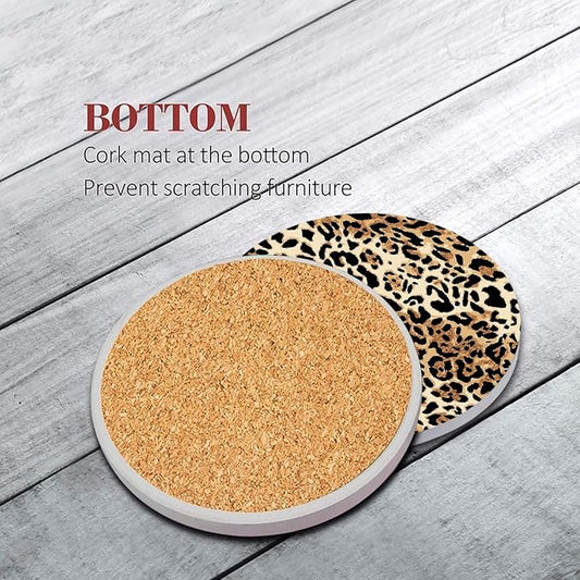 Coaster for Drinks Set of 6, Leopard Animal African Tiger Cheetah Absorbent Round Ceramic Stone Mat, with Cork Base and Metal Holder, Gift for Housewarming Room Bar Decor