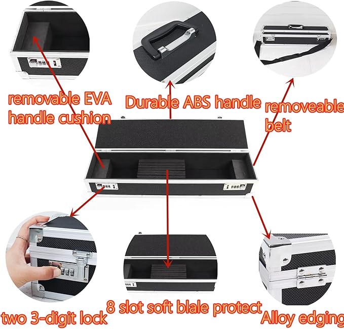 Flydoniso Chef’s Knife Case Aluminum Hard Case with Dual Combination Locks Cultery Carrier Portable Knife Organizer Block Holders Protectors With 8 Slots Can Hold Home Kitchen Knife Tools Up To 17.5”