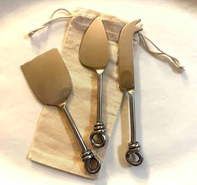Cheese Knife Set of 3 Charcuterie Accessories w/Storage Bag/Hand-Crafted Cheese Knives with Knots Made of Stainless Steel/Dishwasher Safe/Cheeseboard Gift Set
