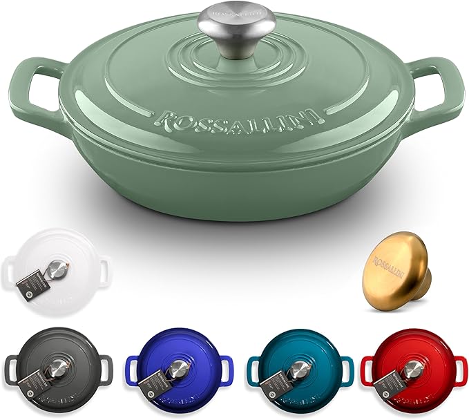 ROSSALLINI Signature Enameled Cast Iron Braiser, Non-Stick Serving Pot with Tight Fitting Lid for Perfect Roasting, Baking, Sauteing, Searing, and Pan Frying | 5Q (4.7L) - Sage