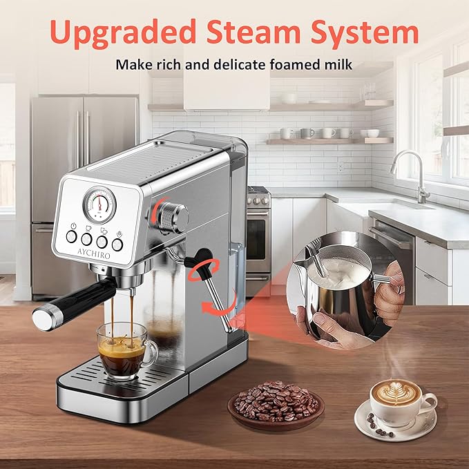AYCHIRO 20 Bar Espresso Machine, Adjustable Espresso Machine with Milk Frother, Espresso Maker with Removable Water Tank, Compact Size for Home & Office, Cup Warmer for Home Barista