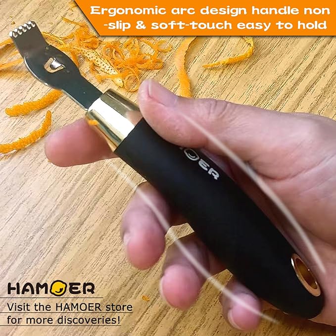 Zester Grater & Channel Knife Kitchen Bar Tool Set for Parmesan Cheese Lemon Garlic Nutmeg Chocolate Citrus Cucumber Radish Ginger Crushed Scraping Rubber Ergonomic Curved Handle Black