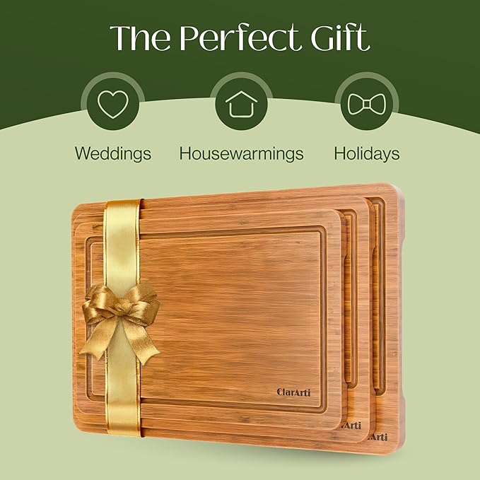 ClarArti - Organic Bamboo Cutting Boards for Kitchen – Set of 3 Non-Toxic Wood Cutting Board with Non-Slip Design – Durable Anti-Slip Bamboo Boards for Chopping & Serving
