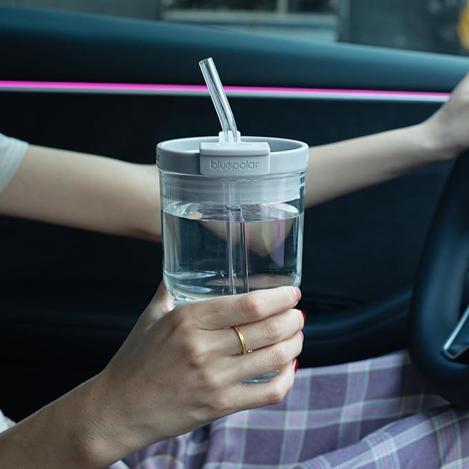 Glass Cups with Lids and Straws,16oz/480ml Reusable Iced Coffee Glasses & Juice Bottles,Cold Brew Tumblers with Leakproof Lids,BPA-Free Glass Jars for Juicing,Matcha,Tea,Smoothie (Grey)