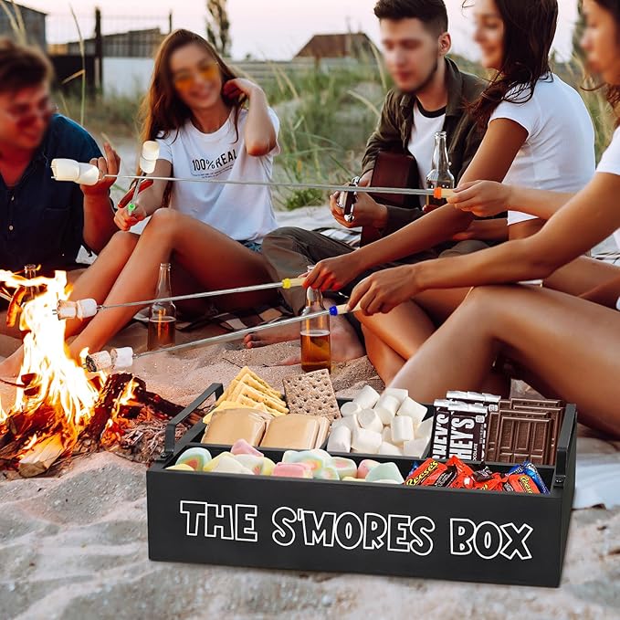 S'Mores Station with Handles, Wooden S'Mores Caddy Bar Holder with 4 Roasting Sticks, Farmhouse Smores Tray for Smores Kit for Fire Pit, Smores Maker Tabletop Indoor Kit for S'Mores Kit