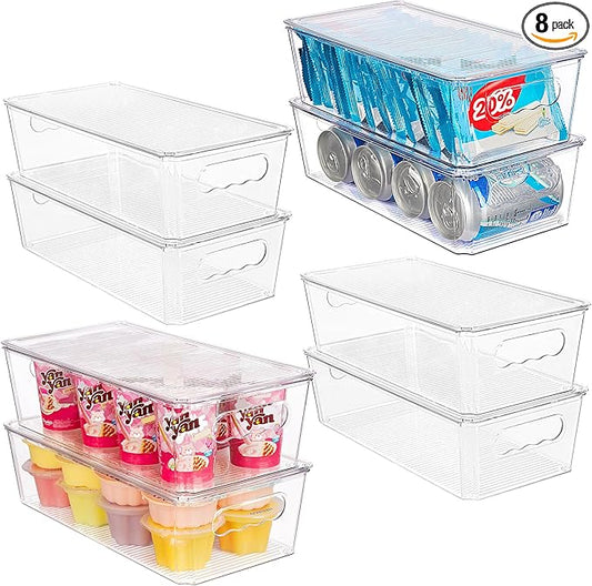 Vtopmart 8pcs Clear Organizers and Storage Bins with Lids, Stackable Plastic Storage Containers with Handles for Fridge, Freezer, Pantry, Cabinet, Kitchen Organization