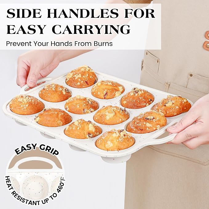 AOTASO 2 Pcs Silicone Muffin Pan for Baking with Metal Frame, Nonstick 12 Cup Regular Size Cupcake Pan, Silicone Muffin Tray for Egg Bites (Cream)