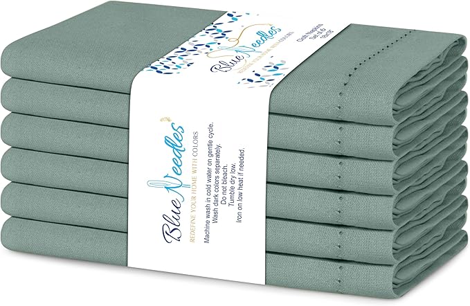Blue Needles Set of 6 Hemstitch Linen Napkins 100% Cotton Hunter Green Cloth Dinner Napkins 18x18 inches, Soft, Reusable, Absorbent, Washable, Ideal for Wedding Events, Parties & Everyday Use