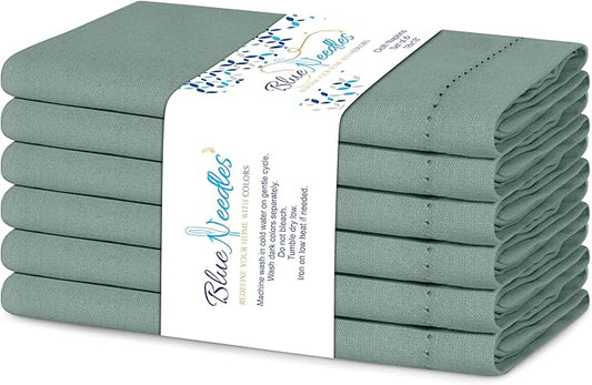 Blue Needles Set of 6 Hemstitch Linen Napkins 100% Cotton Hunter Green Cloth Dinner Napkins 18x18 inches, Soft, Reusable, Absorbent, Washable, Ideal for Wedding Events, Parties & Everyday Use