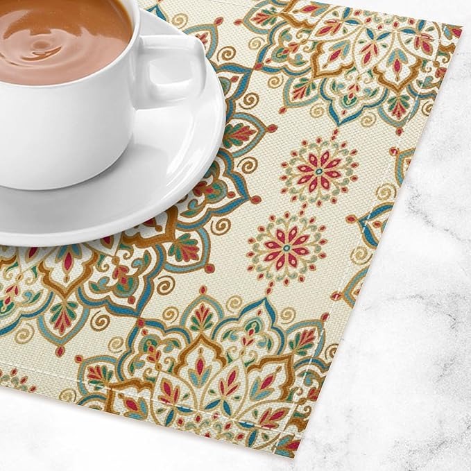 Mandala Placemats Set of 4 Vintage Bohemia Floral Art Printed Dining Table Mats for Restaurant Home Kitchen Holiday Picnic Party Decor 12x18in