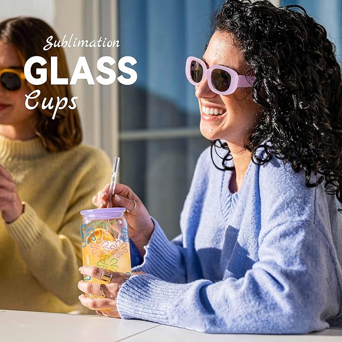 Joyclub 8 Pack Clear Sublimation Glass Cups Blanks 16 OZ Borosilicate Can Glass Tumblers with Acrylic Lids for Beer, Juice, Soda, Iced Coffee
