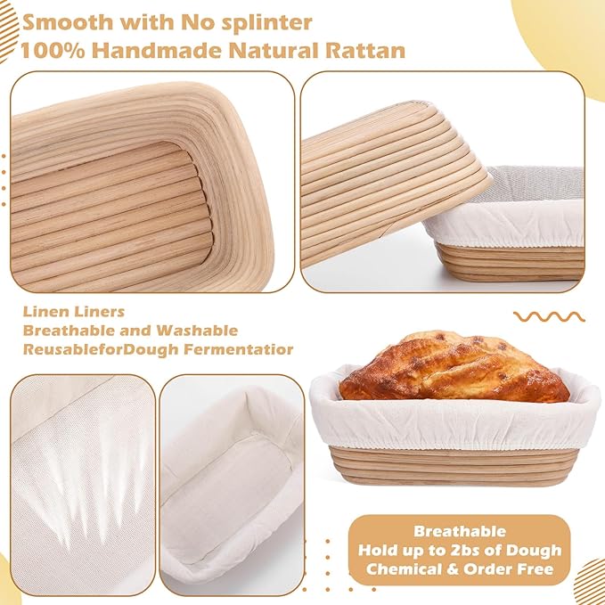 Nuogo 4 Pieces 10 Inch Bread Banneton Proofing Basket Rattan Banneton Dough Proofing Bowls with Liners and Scatters for Home Sourdough Baking (Rectangle)