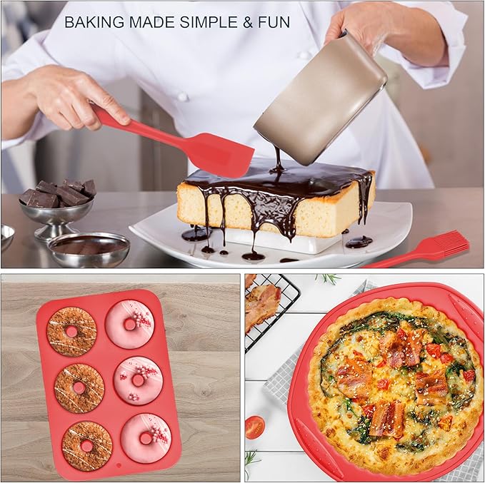 Aschef 9in1 Nonstick Silicone Baking Bundt Cake Pan Cookie Sheet Molds Tray Set for Oven, BPA Free Heat Resistant Bakeware Tools Kit for Muffin Loaf Bread Pizza Cheesecake Cupcake Pie Utensils, Red