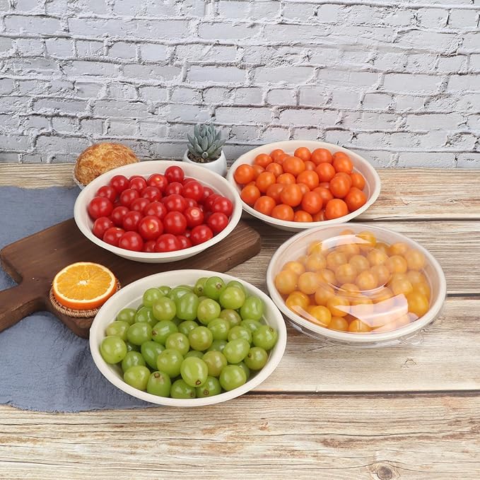JAYEEY 24 oz Round Disposable salad bowls with lids, Sugarcane Fiber Paper Bowls take away food containers Plant Fibers Freezer Safe 50 Pack