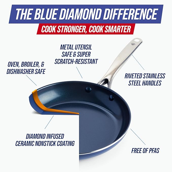 Blue Diamond Nonstick Diamond Infused PFAS-Free Ceramic Pots & Pans, Dishwasher & Oven Safe, Stay Cool Handles, Durable Non Toxic Metal Utensil Safe, Blue, 9.5” & 11" Frying Pan Skillet Set