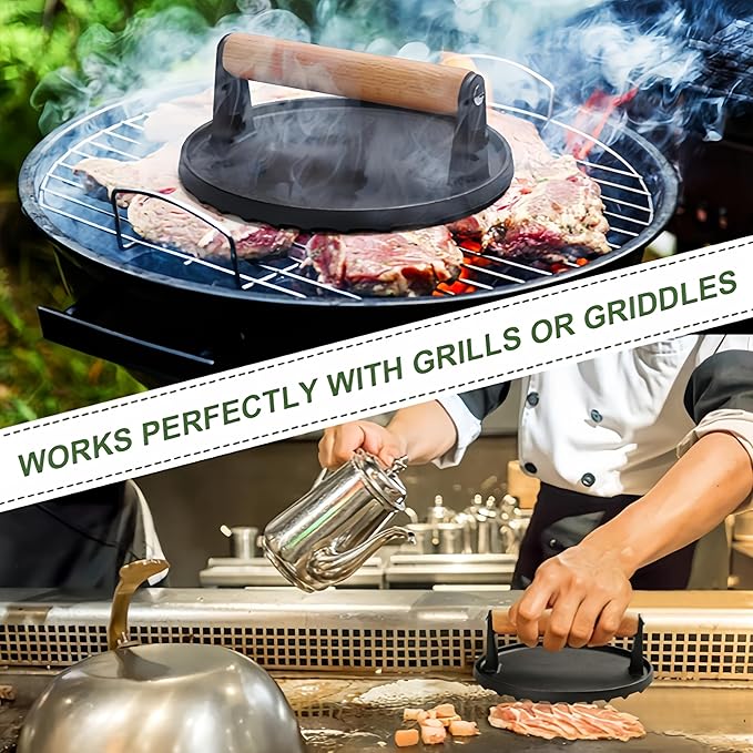 Cast Iron Grill Press with Ribbed Base, 2LB 7 Inch Round Smash Burger Press with Wood Handle, Heavy Duty Bacon Press & Meat Weight for Perfect Searing, Nonstick Kitchen Tool for Stovetop, Griddle, BBQ
