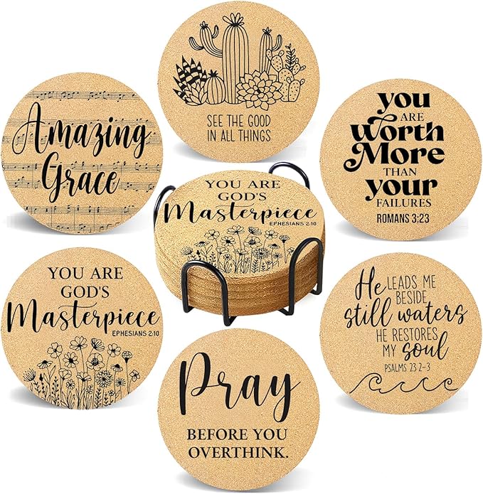 Coasters for Drinks with Holder Set of 6, Inspirational Cork Coaster Absorbent for Office Desk Inspired Table Coasters Kitchen Decor House Warming Gifts for New Home Couples, Round 4"