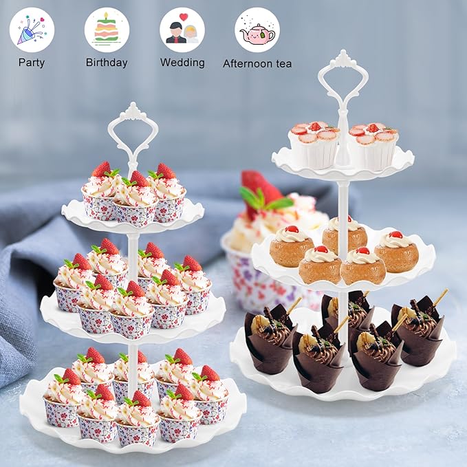Coitak 3 Tier Cupcake Stand, Plastic Tiered Serving Stand, Dessert Tower Tray for Tea Party, Birthday and Wedding (Wavy-white rod)