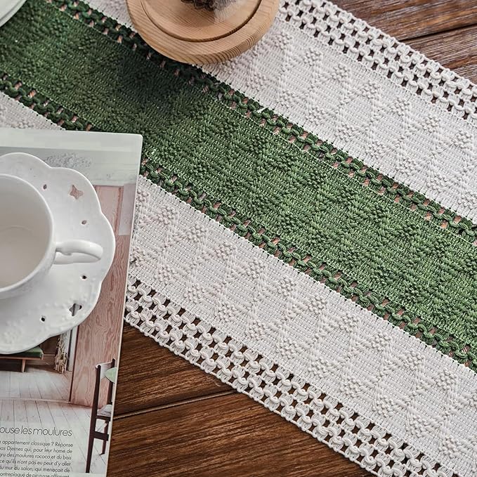 Alynsehom Macrame Table Runner Cream Beige and Green Boho Table Runners with Tassels Hand Woven Cotton Table Runner Rustic Farmhouse Table Runners for Bohemian Kitchen Dining Table(12x108in)